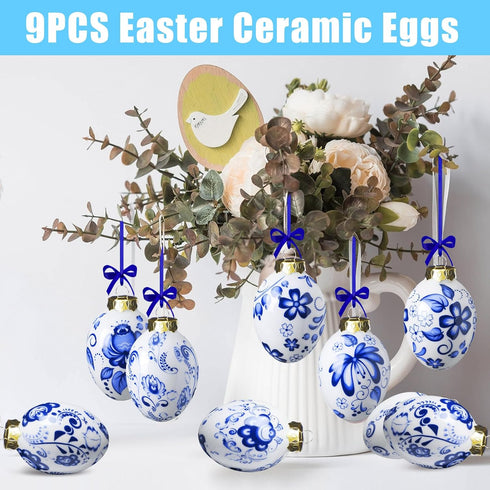 9 (9 Funtery Pcs Chinoiserie Porcelain Blue and White Easter Egg Hanging Pendants - Decorative Hanging Ornaments