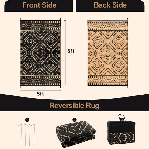 Wonnitar Outdoor Rug 5x8 Waterproof Reversible Plastic Straw Rug for Patio Clearance, Moroccan Outside Area Rug RV Rug for Camping, Indoor Outdoor Portable Mat for Balcony Porch (Black & Brown,5'x8') by Wonnitar