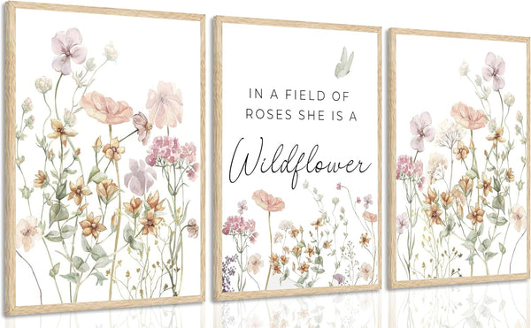 3Pcs Watercolor Flowers Nursery Wall Art Florals Botanical Sentence Picture Wall Decor
