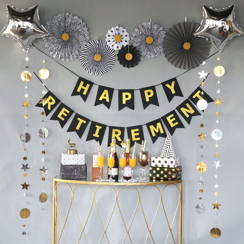 Retirement Party Decorations Supplies, Black and Gold Happy Retirement Banner, Star Shape Foil Balloons, Folding Paper