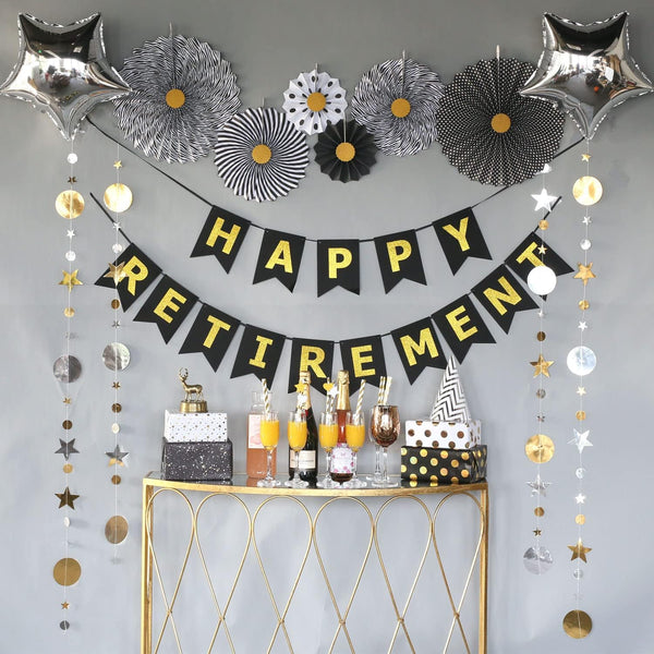 Retirement Party Decorations Supplies, Black and Gold Happy Retirement Banner, Star Shape Foil Balloons, Folding Paper