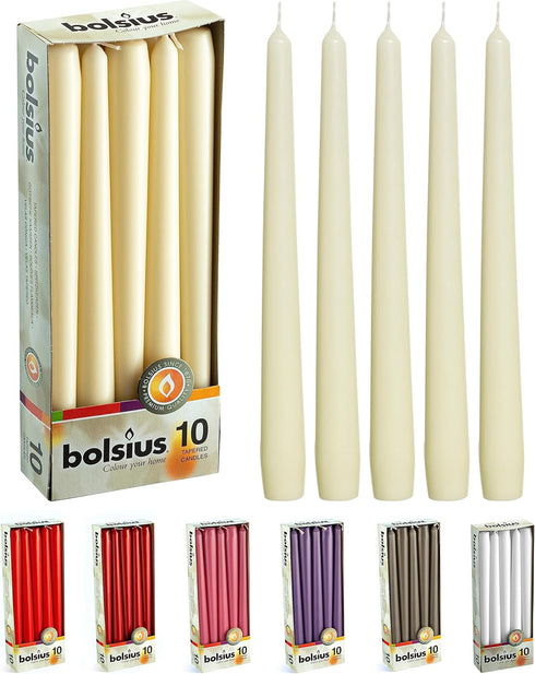 BOLSIUS Ivory Taper Candles, 10 Pack Unscented 10 Inch Dinner Candle Set, Premium Quality, Smokeless