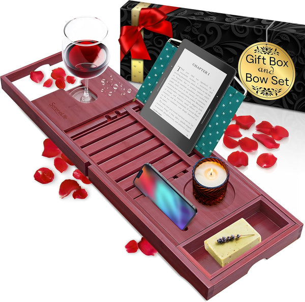 SereneLife Premium Bathtub Tray Caddy with Gift Box and Bow Set, Expandable