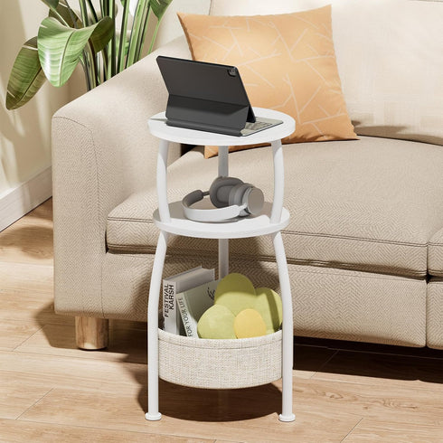 3-Tier 24in Small Round Side Table for Living Room with Storage Basket Small Space Saving End Table Nightstand Couch