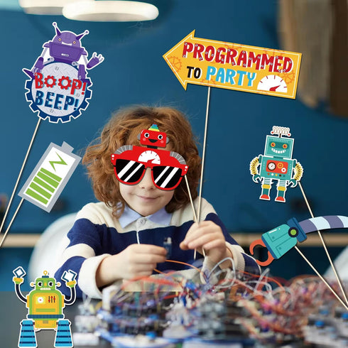 25Pcs Robot Photo Booth Props with Stick, Kids Photography Backdrop Decorations, Birthday Theme Selfie Props, Robotics