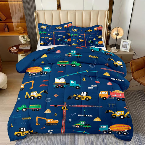 3 Pcs Twin Bedding Set for Boys, Kids Construction Truck Comforter Sets,