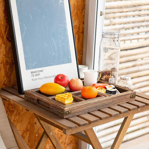Set 7 Yangbaga Rustic Wooden Serving Trays with Handle - of Rectangular Platters for Entertaining, Breakfast, Coffee