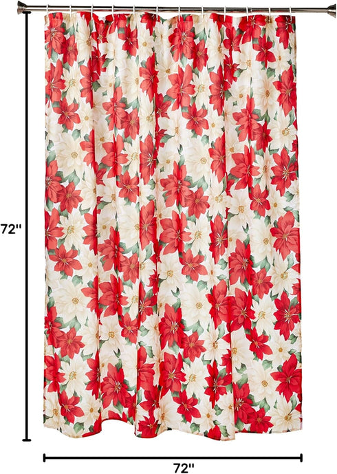 Violet Linen Decorative Christmas Printed Poinsettia Floral Design Shower Curtain, 72" X 72"