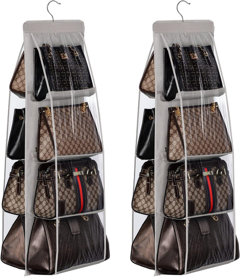 Lirex 2-Pack Handbag Hanging Purse Organizer, 8 Pocket Storage Hanger for Closet, Foldable, Grey