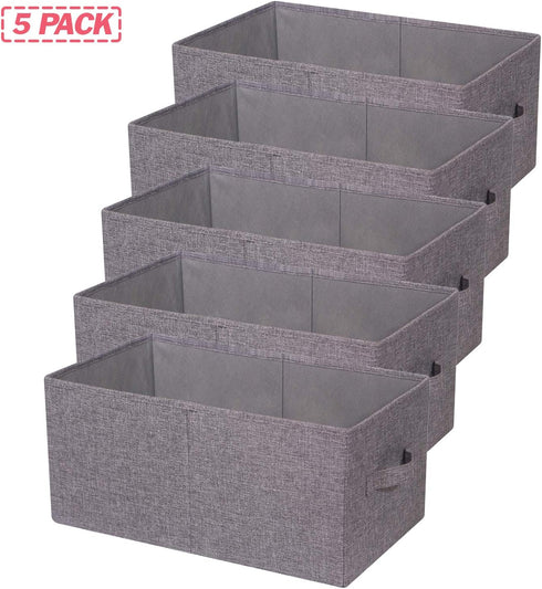 Set of 5 Gray Closet Organizer Bins with Handle, Fabric Foldable Storage Baskets for Home Office Clothes, Jumbo