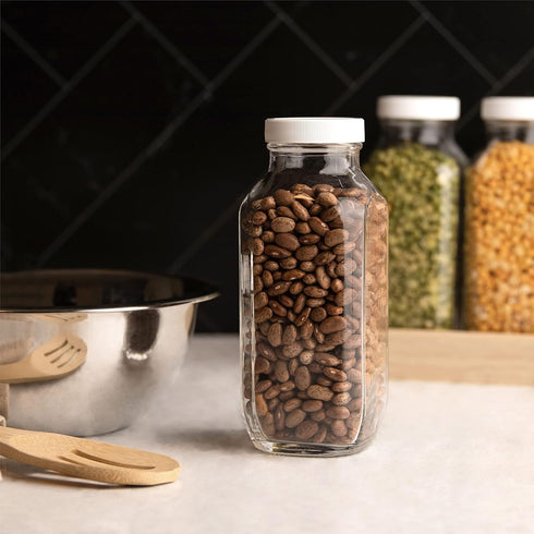 16oz Pack 4 kitchentoolz Square Glass Milk Bottles with Airtight Plastic Lids of | Reusable Milk Containers for Fridge