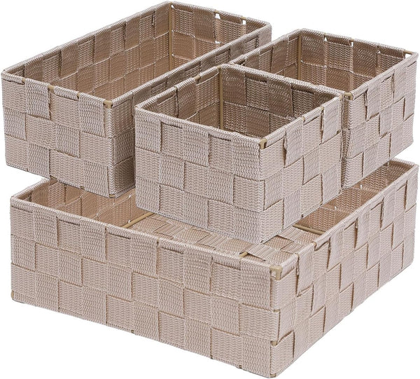 Drawer Organizer Bins, Woven Storage Stackable Box Set of 4 for Organizing Drawers, Shelves, Cabinets