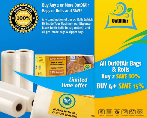 8" 11" 25ft 4 (2 100ft 33% Commercial & Vacuum Sealer Rolls (Fit Inside) Rolls of Each, total) OutOfAir Vacuum Sealer