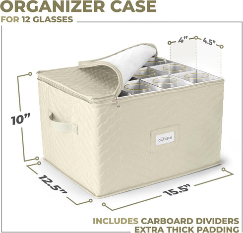 Sorbus Stemware Storage Chest - Deluxe Quilted Case for Wine Glasses, Service for 12 (Beige)