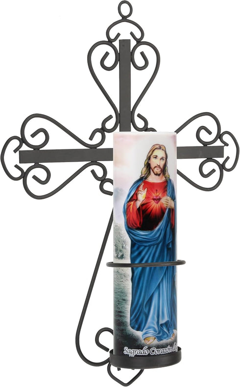 Stonebriar Decorative Scrolled Metal Cross Wall Sconce with Jesus LED Candle, Religious Gift Ideas for Friends