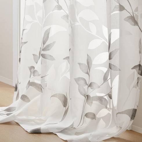 Madison Park Cecily Semi Sheer SINGLE Panel Window Curtain - 50x84", Burnout Botanical Print, Leaves Grey (Pack of 1)