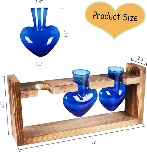 3-Heart Kingbuy Plant Terrarium Kit with Vintage Wood Stand - Stained Glass Vase Propagation Station, Wall-Mounted