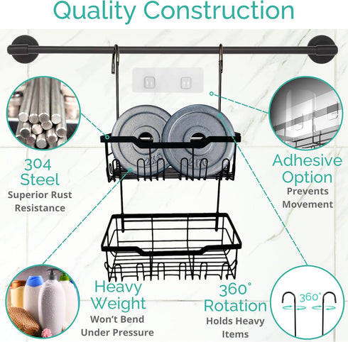 Black Shower Caddy Hanging, Rust-Proof 304 Stainless Steel with Rotatable Hooks for Bathroom Essentials