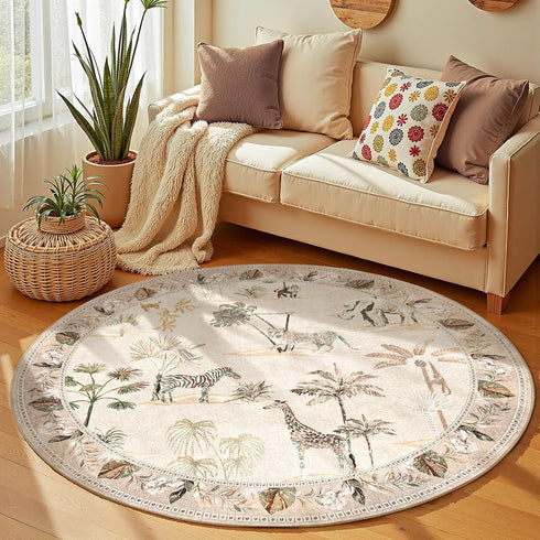 jinchan 5ft 5' Round Rug Beige Jungle Animals Print, Machine Washable Circle Modern Soft Non-Slip Forest Plant Throw