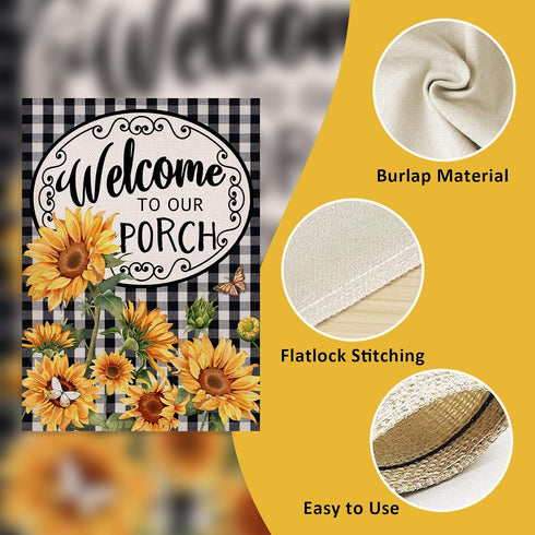 Welcome to Our Porch Spring Summer Sunflower House Flag, Black White Buffalo Plaid Check Yard Decoration, 28 x 40