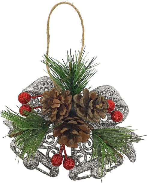 Pinecone Berry Pine Twig Christmas Ornaments, Set of 8, Glittered Snowflakes and Bells with Pine Cones and Red Berries