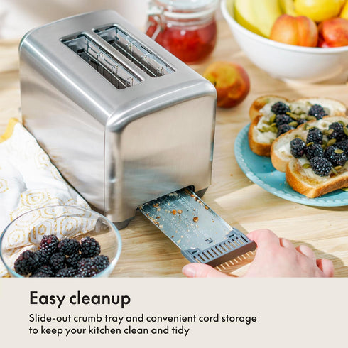 BELLA 2 Slice Stainless Steel Toaster with Extra Wide Slots, Removable Crumb Tray, 6 Browning Options & Auto Shut Off