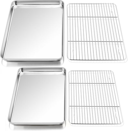 P&P CHEF Set of 2 Baking Sheets with Racks, Stainless Steel Cookie Sheet & Cooling Rack, 2 Sizes (16” + 12.5”)