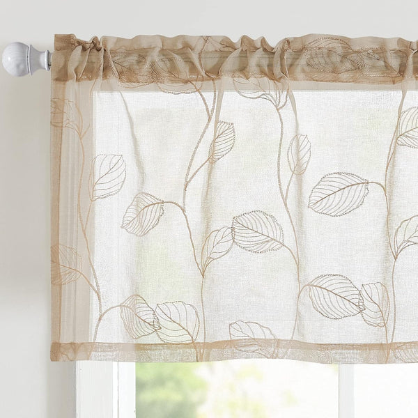 Topick Beige Sheer Leaf Curtain Kitchen Valance for Windows, Leaf Embroidered Voile Small Curtain 16 Inch