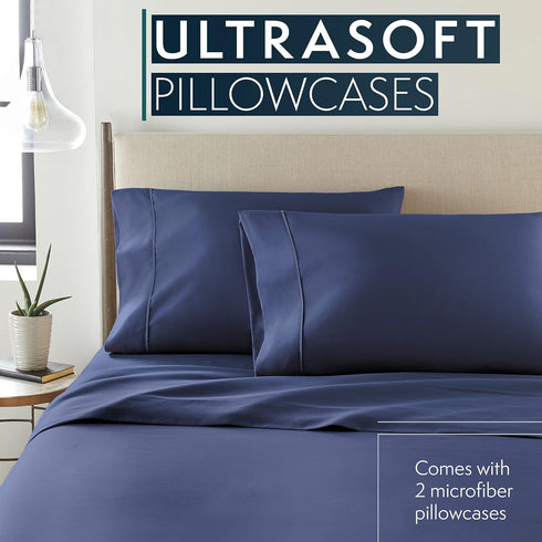 HC Collection King Pillow Cases Set of 2 - Microfiber, Extra Soft, Navy, Easy Care & Machine Washable