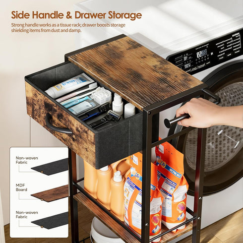 3-Tier Lewondr Bathroom Organizer and Storage Cart with Drawer, Narrow Rolling Utility Cart with Wood Top and Wheels