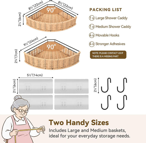 2 Pack GRANNY SAYS Wicker Corner Shower Caddy Hanging, Shower Shelf for Inside Showers, Adhesive Shelves for Bathroom