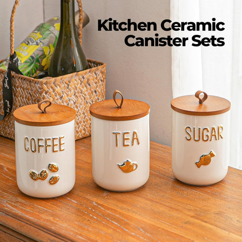 Set 3-Piece Counter 25oz White Ceramic Canister for Coffee Tea Sugar, Food Storage Jars with Wood Airtight Lids