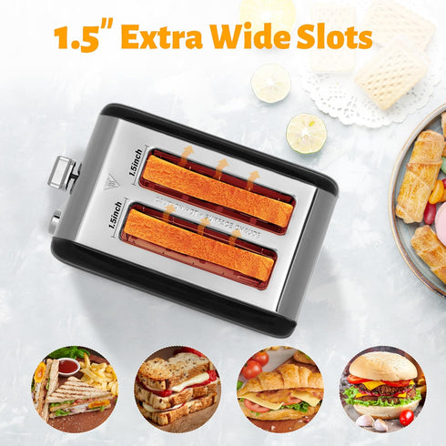 HealSmart 2 Slice Stainless Steel Toaster with Extra Wide Slot, 5 Shade Options, Bagel/Defrost/Cancel Functions, Black