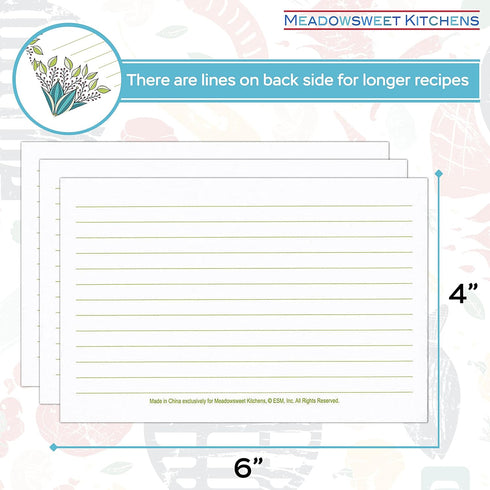 Meadowsweet Kitchens Recipe Card Set - 40 Double Sided 4 x 6 Inch Cards for Personalized Recipe Book