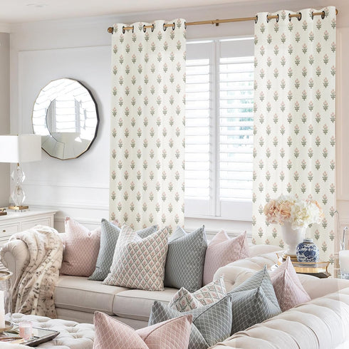 2 Sets Pink Curtains Panel for Bedroom Girls Nursery,Light Blush Pink and Green Floral Boho Cute Sheer Curtains