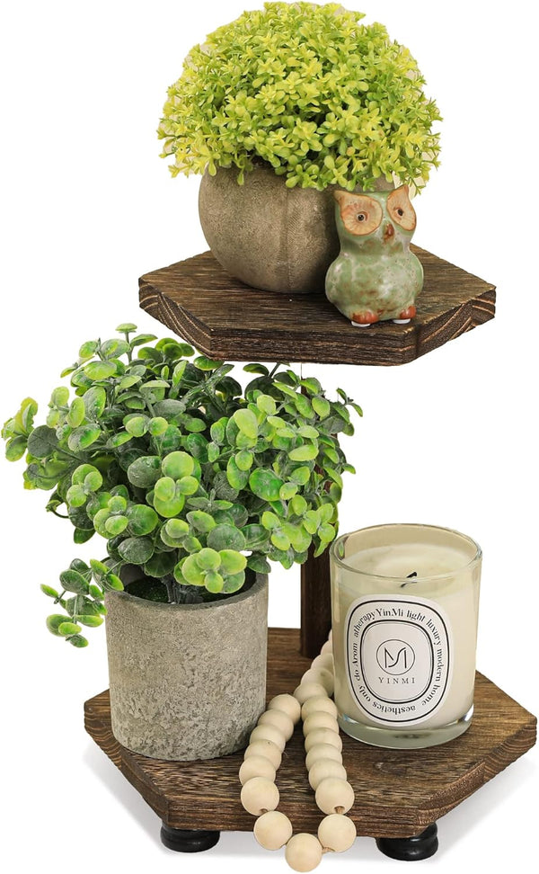 Tikea Hexagonal Wood Riser for Display - 2-Tier Rustic Wood Pedestal Stand for Kitchen Bathroom Counter Decor