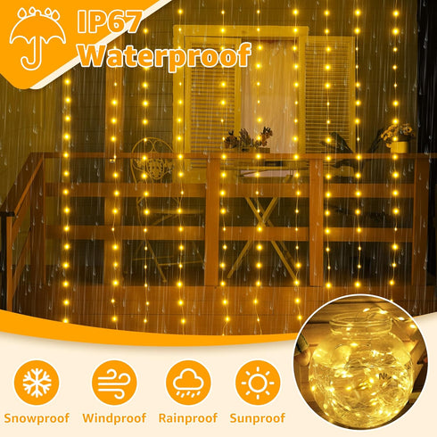 300LED 9.8ftx9.8ft, IP67 8 3 Ollny Curtain Lights Connectable Waterproof Outdoor Curtain String Lights with Remote