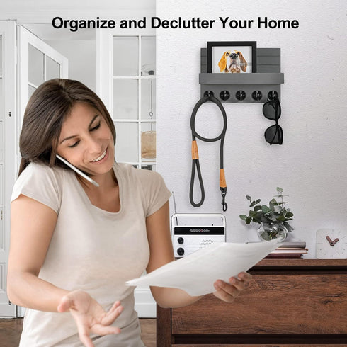 Key Holder for Wall, Decorative Key and Mail Holder with Shelf and Large Hooks for Bags and Coats