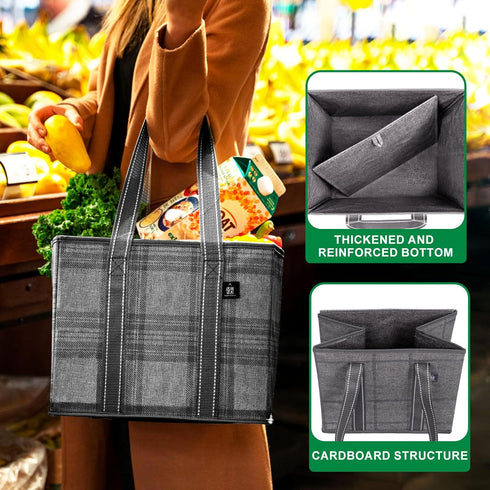 VENO 3 Pack 6 Reusable Grocery Bags, Shopping Bags for groceries, Utility Tote with Handles and Hard Bottom, Foldable