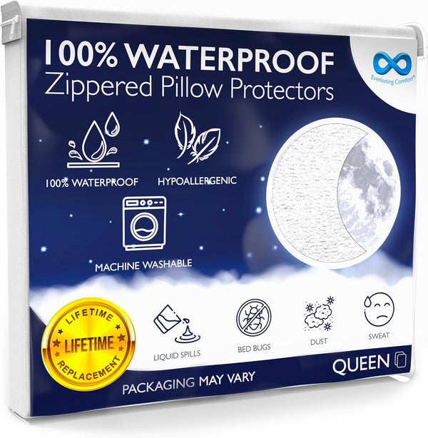 Waterproof Pillow Protector Queen (2-Pack) - Hypoallergenic, Dust Mite & Bed Bug Proof Allergy Pillow Covers
