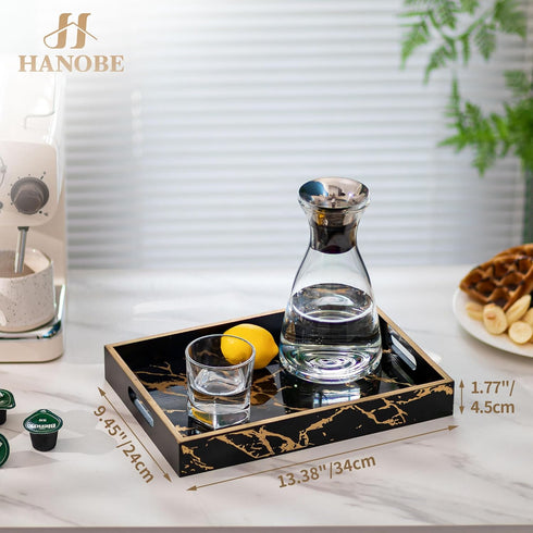 Counter Hanobe Decorative Serving Tray Black: Imitation Marble Coffee Table Tray Decor with Handle Gold for Bar Ottoman