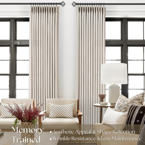 63 Inch 2 Set Pinch 63 Linen Curtains Panel for Living Room Natural Beige Pleat Curtain Memory Trained with Hook