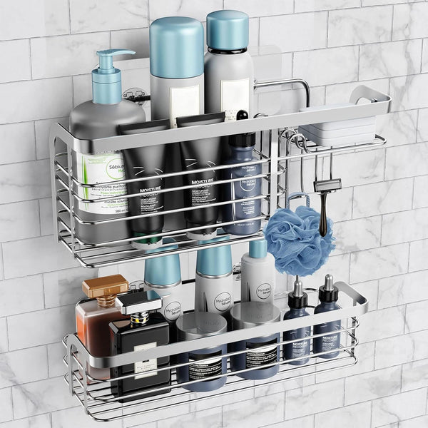 Adhesive Shower Caddy 2 Pack, No Drilling Stainless Steel Bathroom Organizer Shelf for Shampoo Holder, Silver