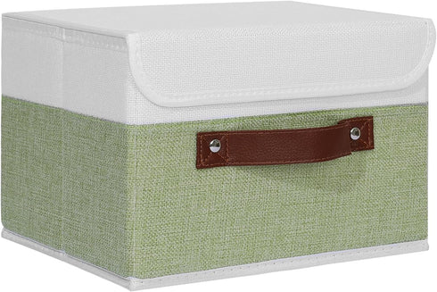 ANMINY Washable Storage Boxes with Lids, Decorative Storage Bins Basket with PU Leather Handle, Foldable Linen Fabric