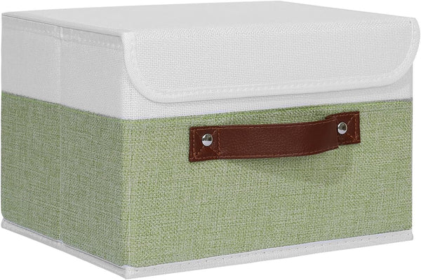 ANMINY Washable Storage Boxes with Lids, Decorative Storage Bins Basket with PU Leather Handle, Foldable Linen Fabric