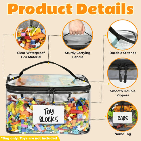 WinzMil 6-Pack Extra Large Toy Storage Bags with Zippers & Labels, Reusable Clear TPU Waterproof Organizer for Kids