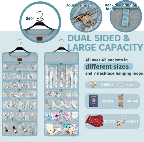 SMRITI Hanging Jewelry Organizer, Dual Zippered Pockets, Canvas Double Sided Rotating Hanger (Light Blue)