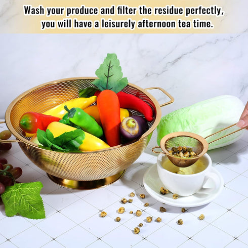 Norme 5 Quart Stainless Steel Gold Colander and 3 Pcs Gold Fine Mesh Strainer, Easy Clean and Dishwasher Safe