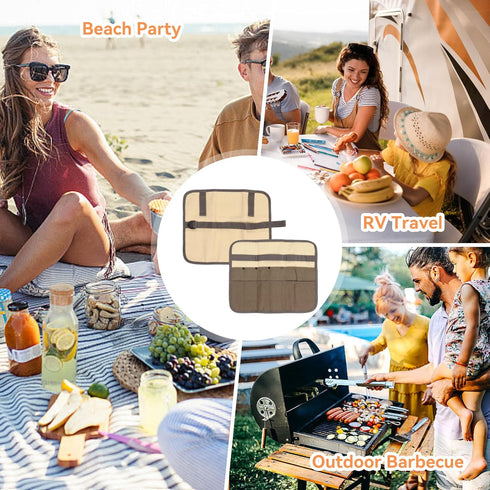 Camping Utensil Bag, Knife Roll Bag for Chefs, Canvas Roll Up Culinary Bag for Cooking, Camping, Tableware Storage