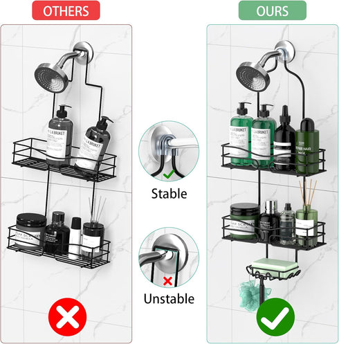 Hanging Bathroom Shower Caddy, 3-Tier Organizer with Soap Holder & 6 Hooks for Towels, Fits 21mm Shower Head Arm